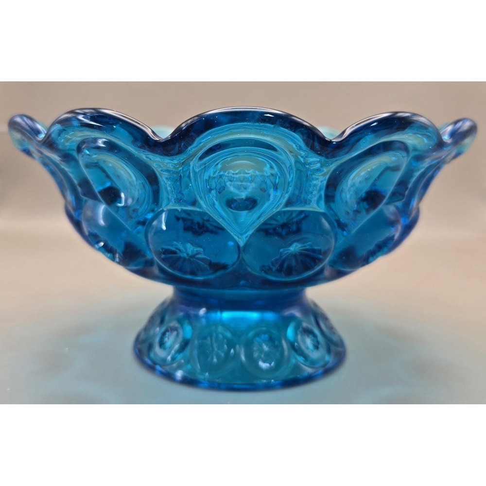 Vintage Bowl Turquoise/Blue L.E. Smith Scalloped Pedestal 'Moon & Stars' (#21) - Picture 7 of 9